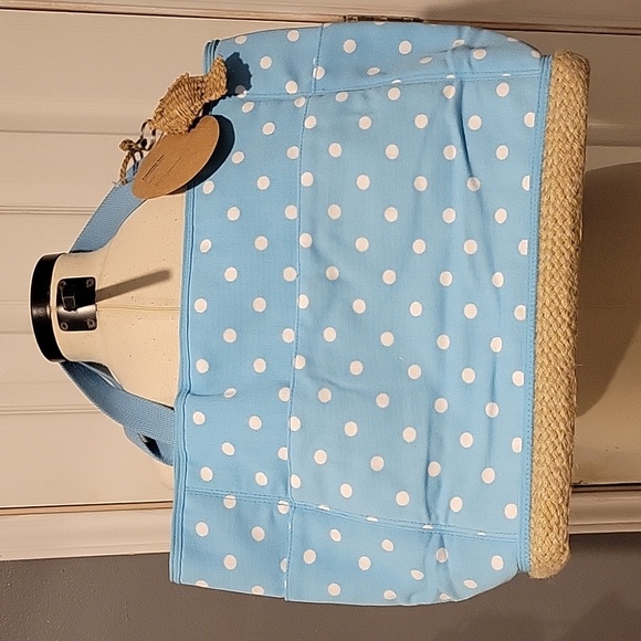 Pottery Barn Handbags - Pottery Barn teen Espadrille Blue white Polka-dot tote w/ Fish Keychain New